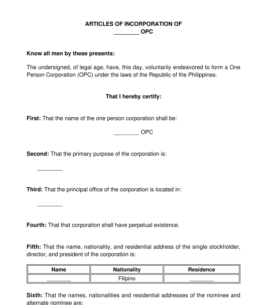 Articles of Incorporation One Person Corporation