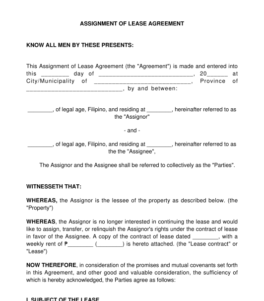 Assignment of Lease Agreement by the Lessee