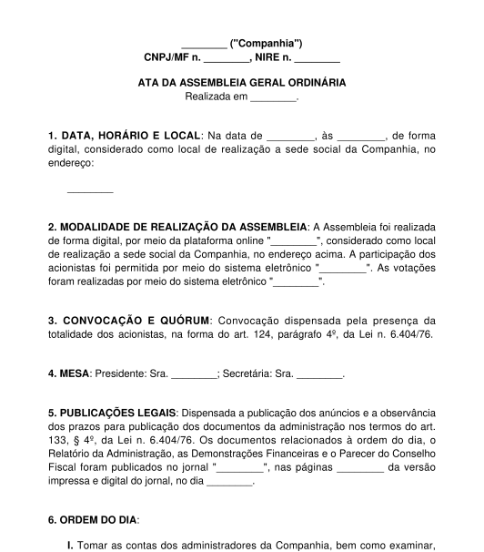 Ata de assembleia geral ordinária sociedade anônima fechada