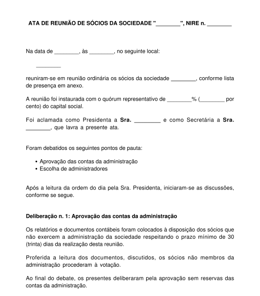 Ata de assembleia ou reunião de sócios sociedade limitada