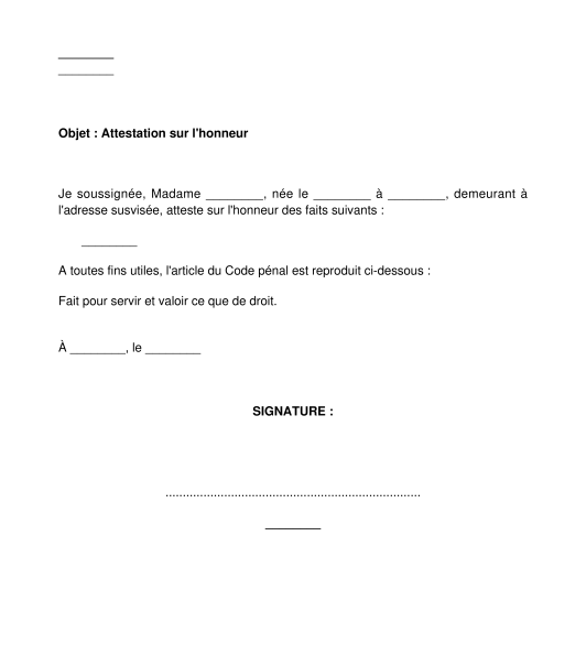 exemple de lettre attestation sur l'honneur