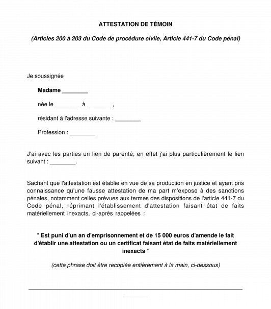 Lettre Dattestation De Temoignage Modèle Attestation En Justice