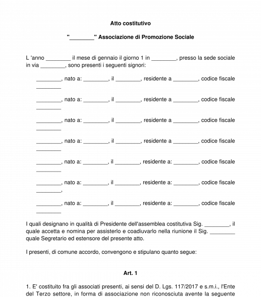 Atto Costitutivo Associazione Promozione sociale