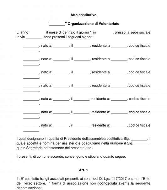 Atto Costitutivo Organizzazione di Volontariato - Ente del Terzo Settore