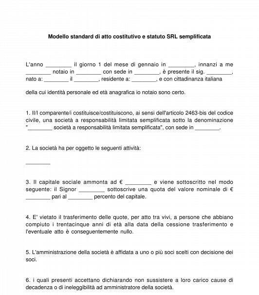 Atto costitutivo e statuto S.r.l. semplificata