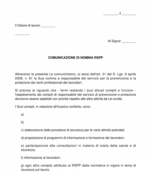 Atto di nomina responsabile del servizio prevenzione e protezione sul lavoro RSPP