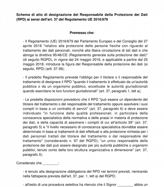 Atto di nomina del responsabile della protezione dei dati personali RPD o DPO