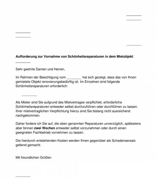 Aufforderung zur Vornahme von Schönheitsreparaturen bei Gewerberaummiete