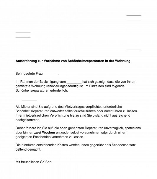 Aufforderung zur Vornahme von Schönheitsreparaturen bei Wohnraummiete