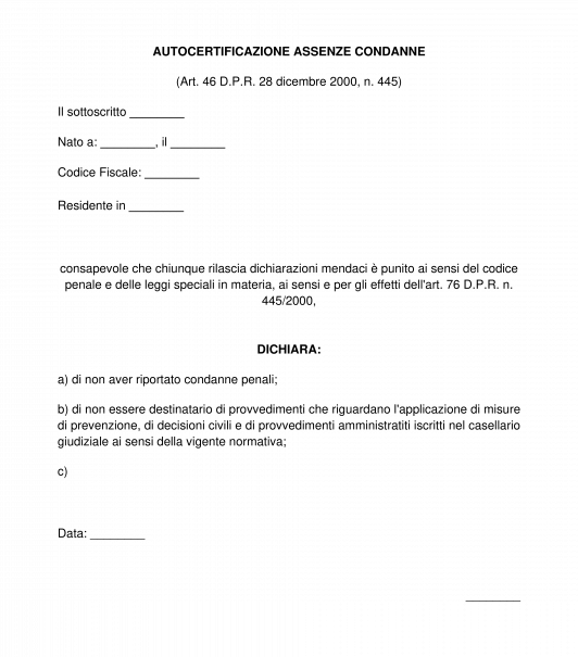 Autocertificazione assenze condanne
