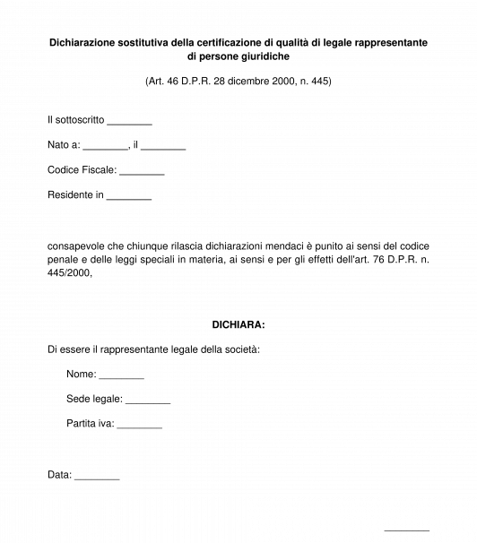 Autocertificazione rappresentante legale di persone giuridiche