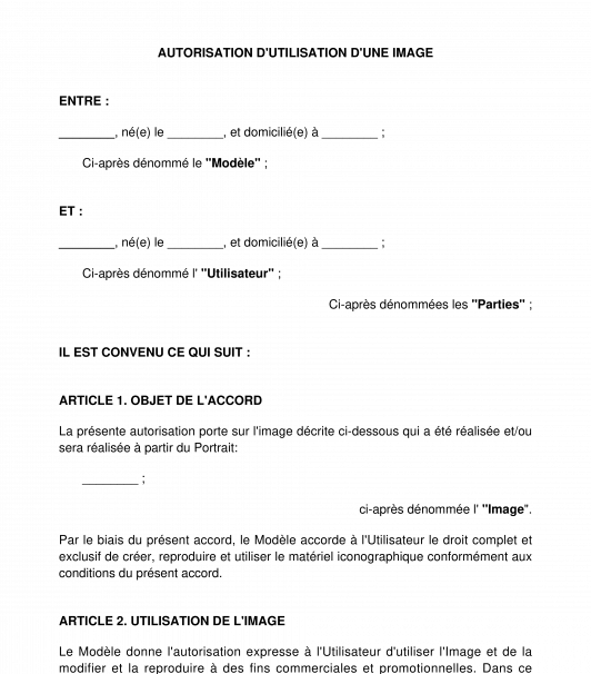 Autorisation d'utilisation d'une image