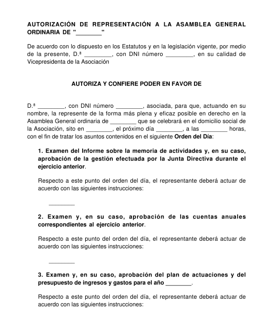 Autorización de representación y delegación del voto de asociado de una asociación