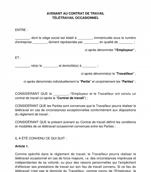 Avenant au contrat de travail relatif au télétravail occasionnel
