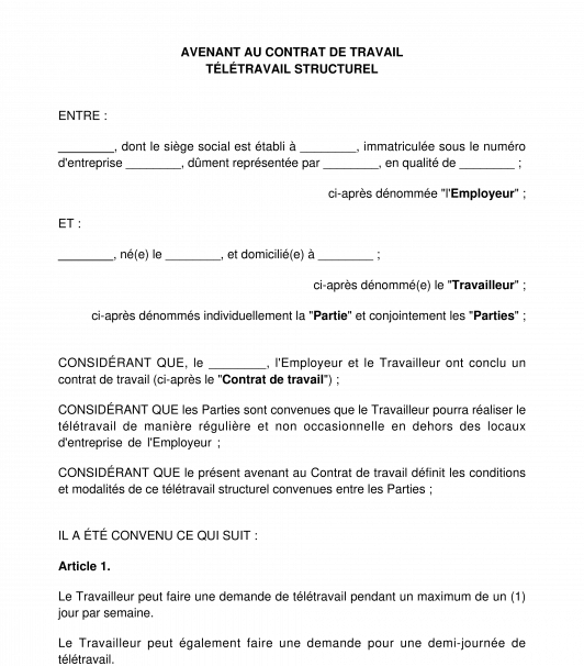 Avenant au contrat de travail relatif au télétravail structurel