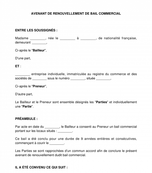 Avenant de renouvellement d'un bail commercial
