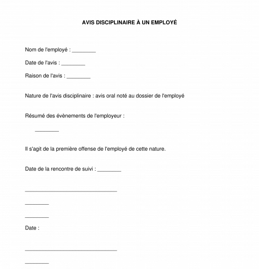 Avis disciplinaire à un employé