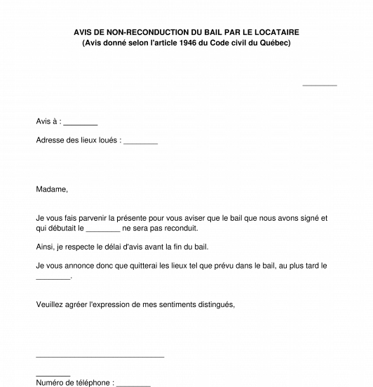 Avis de non-reconduction du bail par le locataire