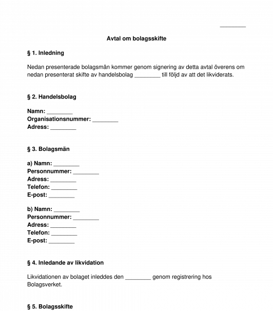 Avtal om bolagsskifte likvidation av handelsbolag eller kommanditbolag