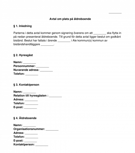 Avtal om plats på äldreboende/serviceboende hyresavtal