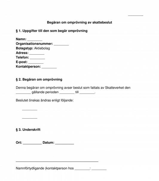 Begäran om omprövning av Skatteverkets beslut om beskattning