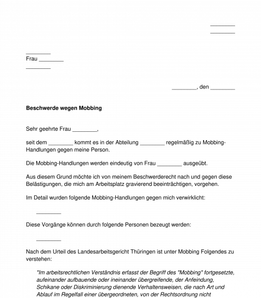 Beschwerdebrief an den Arbeitgeber wegen Mobbing am Arbeitsplatz
