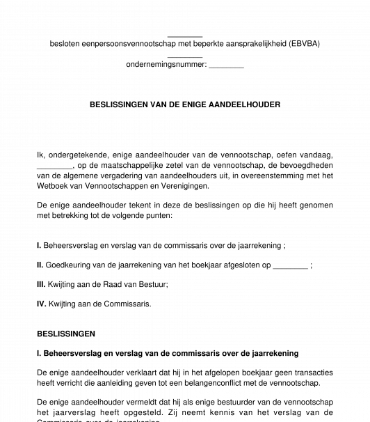 Beslissingen van de enige aandeelhouder van een vennootschap EBVBA