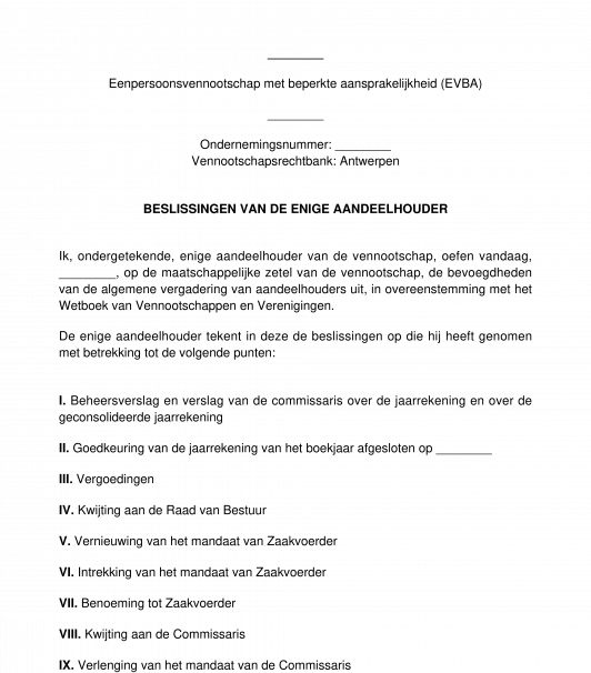 Beslissingen van de enige aandeelhouder van een vennootschap EVBA