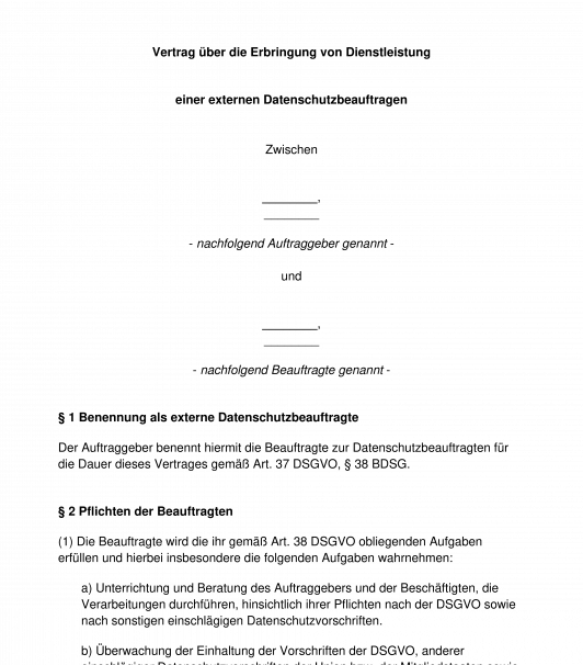 Bestellungsvertrag für einen externen Datenschutzbeauftragten