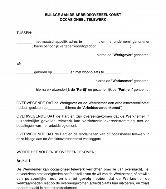 Bijlage bij de arbeidsovereenkomst in verband met occasioneel telewerk
