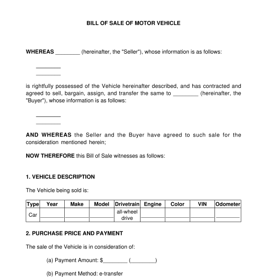 Bill of Sale of Motor Vehicle