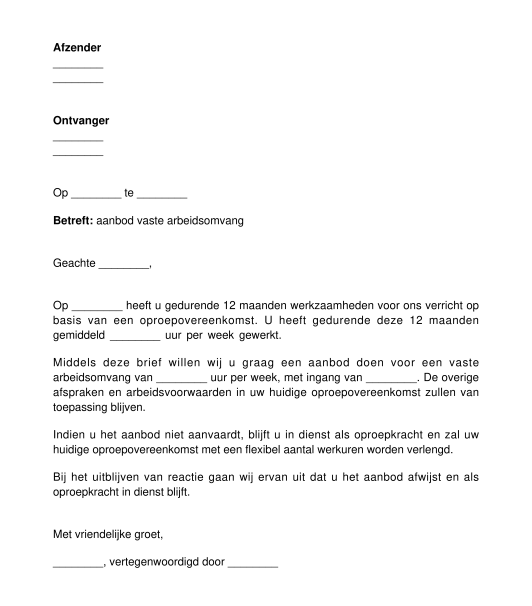 Brief aanbod vaste arbeidsomvang