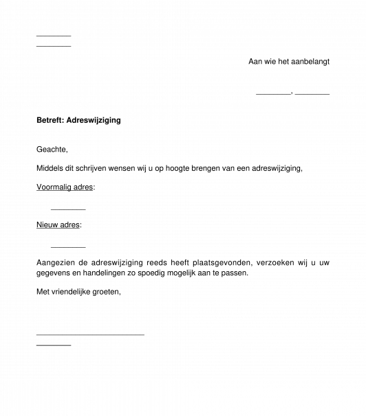 Brief tot mededeling van adreswijziging