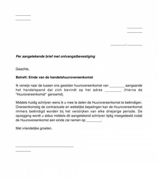 Brief ter beëindiging van de handelshuurovereenkomst door de huurder