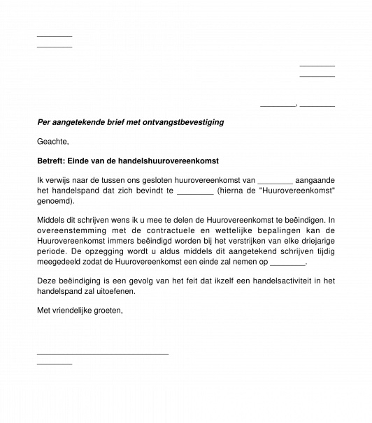 Brief ter beëindiging van de handelshuurovereenkomst door de verhuurder
