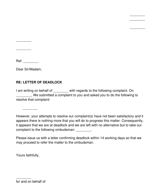 Business Letter of Deadlock before Complaint to Ombudsman