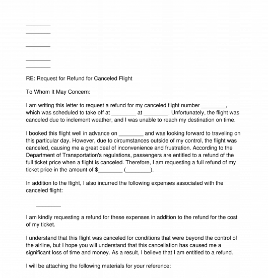 Canceled Flight Refund Request Letter