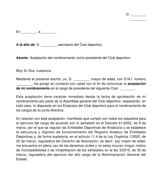 Carta de aceptación del nombramiento de un miembro de la junta directiva de un club deportivo