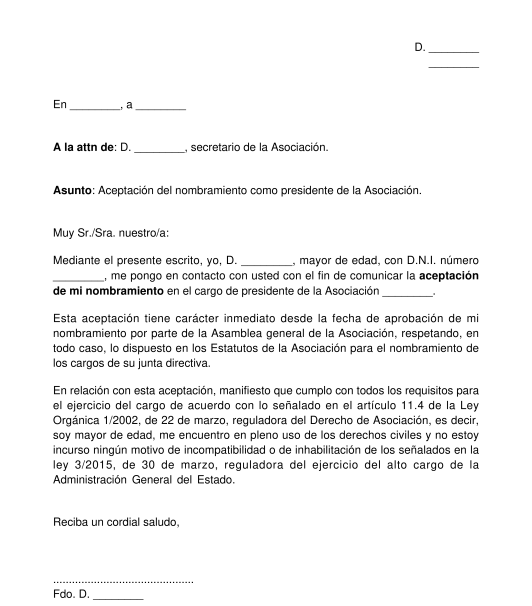 Carta de aceptación del nombramiento de un miembro de la junta directiva de una asociación
