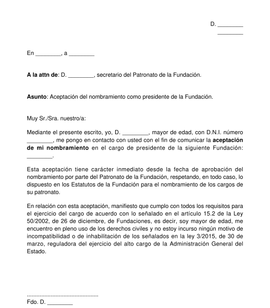 Carta de aceptación del nombramiento de un patrono de una fundación