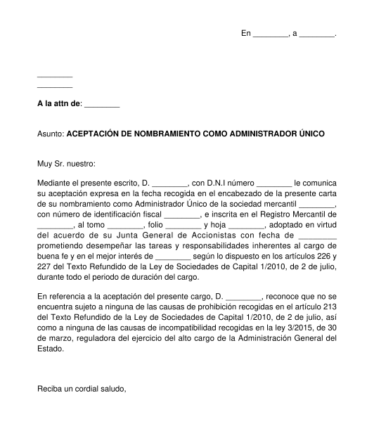 Carta de aceptación de nombramiento como administrador de sociedad mercantil