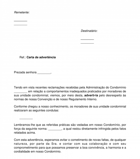 Carta de advertência ao condômino