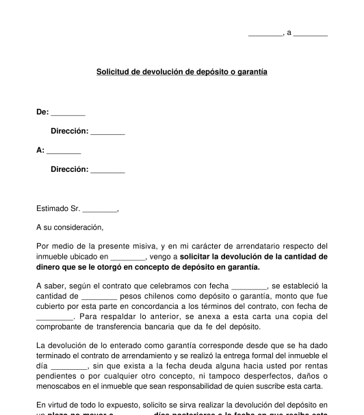 Carta al arrendador para solicitar devolución del depósito