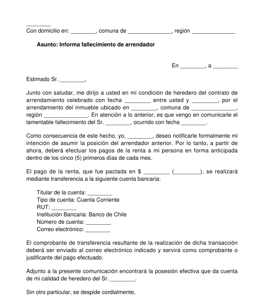 Carta al arrendatario tras el fallecimiento del arrendador