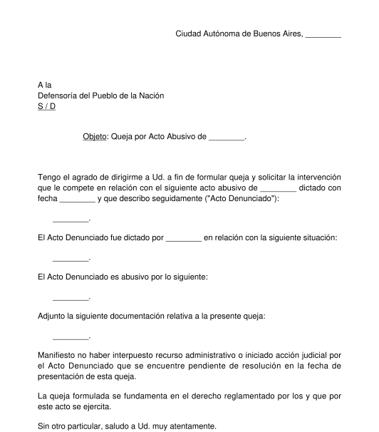 Carta a la Defensoría del Pueblo de la Nación