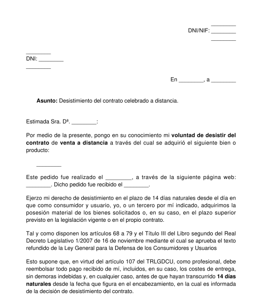 Carta de anulación de compra a distancia