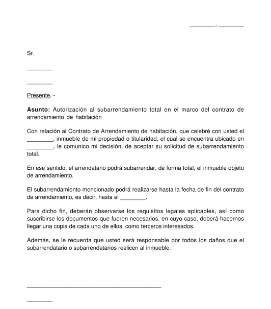 Carta de autorización al subarrendamiento o cesión de vivienda o local comercial