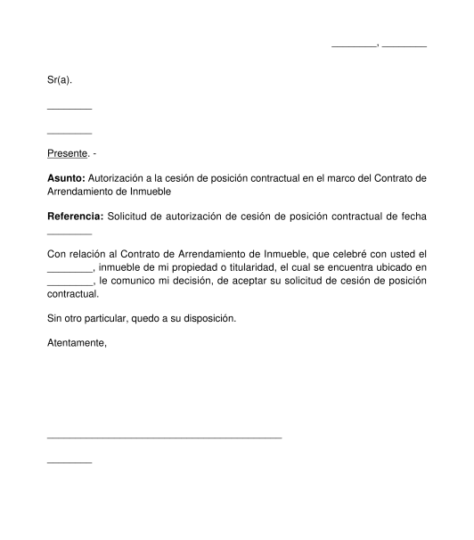 Carta de autorización al subarrendamiento o cesión de vivienda o local comercial