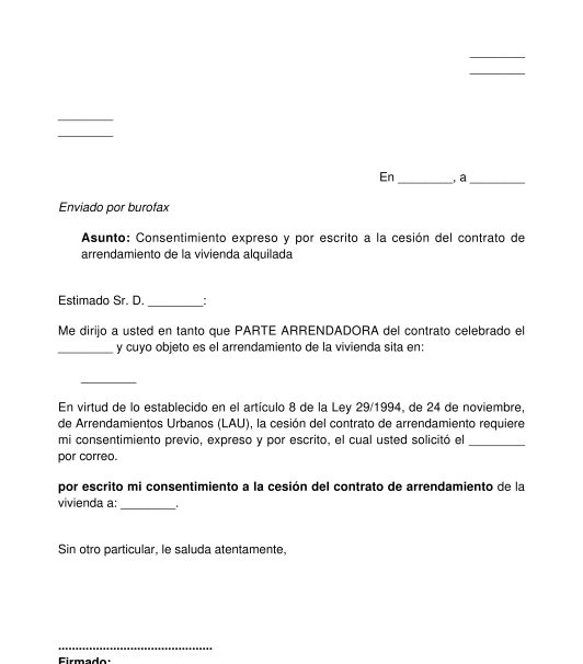 Carta de autorización u oposición al subarriendo o cesión de vivienda o local de negocio