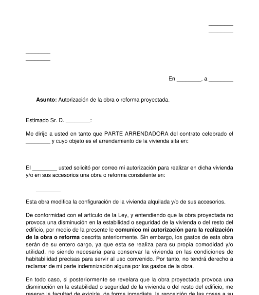 Carta de autorización o de oposición a la realización de obras por el arrendatario